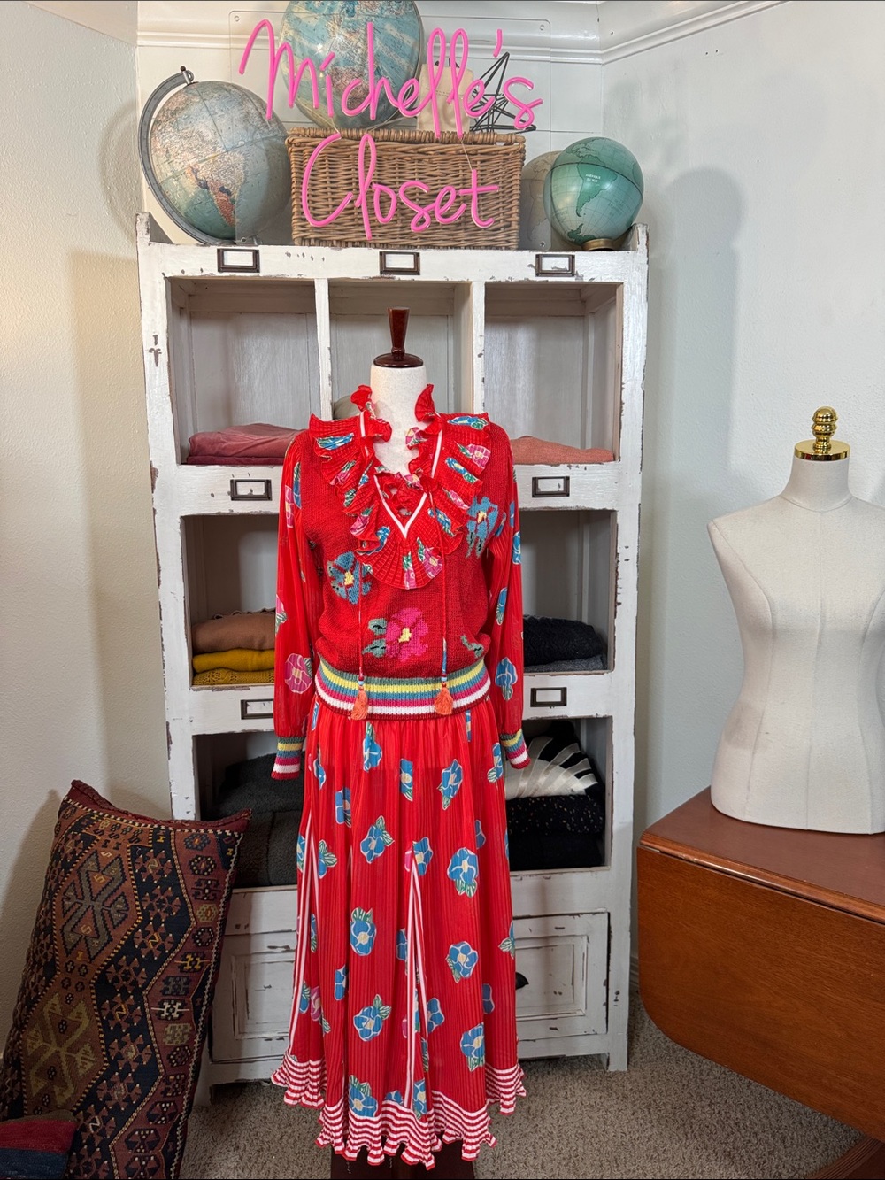 Vintage Diane Freis Bright Red Floral Ruffled Midi top & skirt